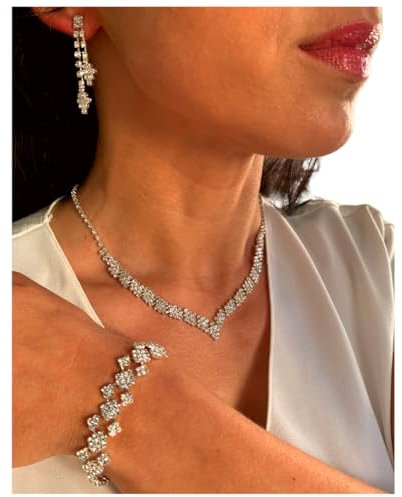 ONDEGO® 3er Set V SILBER Strass Schmuck Kette Schmuckset Armband Hochzeit Collier Halskette Brautschmuck Kommunion Ball Abiball
