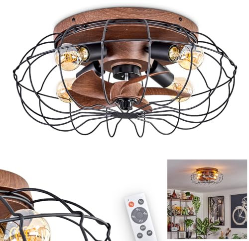 HOFSTEIN Deckenventilator Wemude, Ventilator aus Metall/Kunststoff in Schwarz/Holzoptik mit Fernbedienung u. Auf-/Abwind-Funktion, Deckenleuchte 4-flammig Ø 50 cm, 4 x E27, drei Stufen