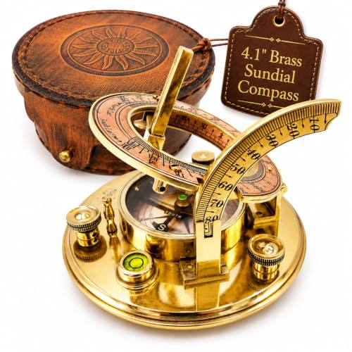 Cadran solaire boussole en laiton dans un étui en cuir – Cadeaux nautiques pour homme, gadget d'anniversaire de voile antique pour lui, décoration nautique unique et inhabituelle, horloge de poche