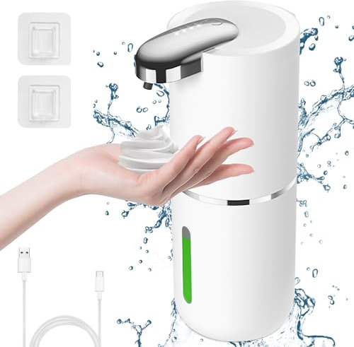 Cuteefun Automatisch Schaum Seifenspender, 380ml Elektrischer Seifenspender mit Sensor, 4-Stufig Einstellbares Flüssigkeitsvolumen, Wiederaufladbarer Seifenspender Wandmontage für Bad, Küche, Weiß