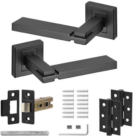 Decoranddecor Black Door Handles Internal – Aluminium Matt Black Door Handle Sets for Wooden Interior Doors | Internal Door Handles with Mortice Latch and Hinge | Nexus Range