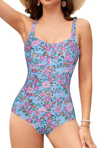 SHEKINI Maillot de bain une pièce pour femme rétro amincissant ventre plat ventre plat maillot de bain bretelles grande taille mode maillots de bain pour femme, Fleur de cerisier bleue, L