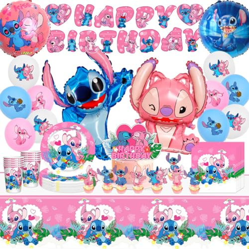 Stitch Stoviglie per Feste Compleanno,Decorazioni Compleanno Stitch, Stitch Set di Stoviglie per Feste,Piatto Tazza Tovagliolo Tovaglia di Paglia Striscione