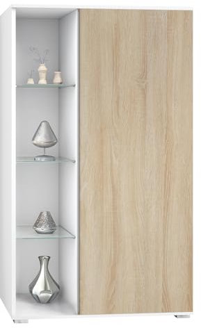 Vladon Vitrine Davos, Made in Germany, Standvitrine mit 3 Glasböden und 8 Fächer, Weiß matt/Eiche sägerau (71,5 x 134 x 35 cm)