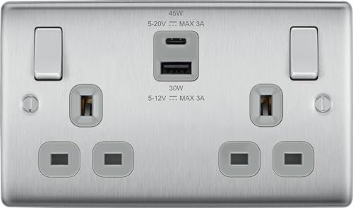 BG Brushed Steel Double Socket with USB 45W Type A & Type C USB NBS22UAC45G
