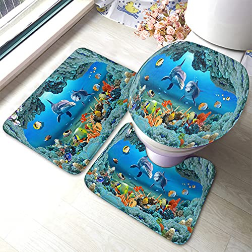 Badematte 3-Tlg 3D-Delphin-Korallen-Ozean-Unterseewelt Anti-Rutsch Konturmatte Shaggy Wc-Deckelabdeckung Weiche 3-Teiliges Badteppich-Set