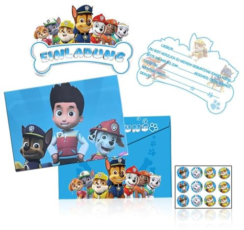 Deluisho Dog Patrol Party Einladungskarten, Einladungskarten Kindergeburtstag, 12 Einladungskarten, 12 Umschläge und 12 Aufkleber, Cartoon Animation Kinder Party Einladungsset