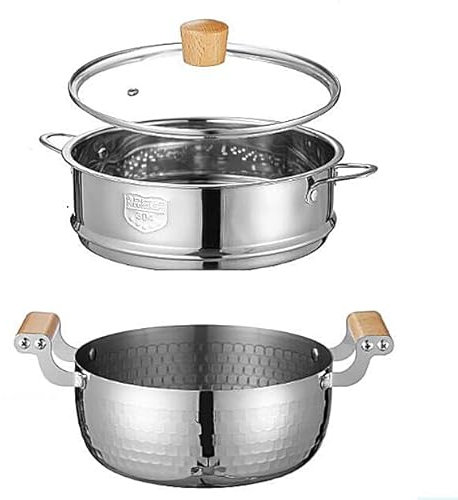Casserole Yukihira japonaise antiadhésive avec couvercle en verre, manche en bois et casserole à vapeur en acier inoxydable Casserole à sauce au lait,22cm