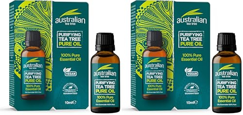 Australian Tea Tree Olio Puro all’Albero del Tè, Purificante, Vegano, Non testato sugli animali, Senza Parabeni e SLS, Olio Essenziale Puro al 100%, Naturale, 10ml (Confezione da 2)