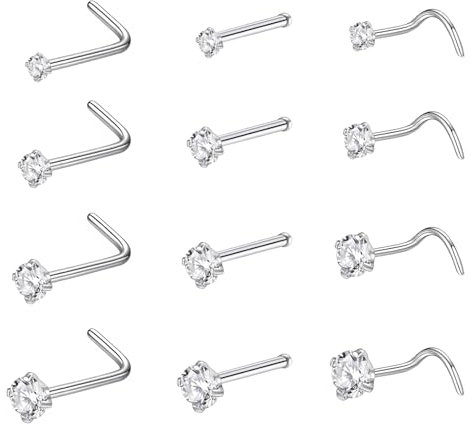 jagosen Nasenpiercing Stecker Silber 20g 12Stück Lippenpiercing Stecker Nostril Piercing Chirurgenstahl Dünn CZ L Form Screws Nasenstecker Schmuck
