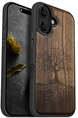 Carveit Holz Cover für iPhone 16, Nussbaum-Baum mit Wurzeln | Handyhulle kompatibel MagSafe Massivholz für iPhone 16 Handyhülle Stoßstange Weich TPU Case