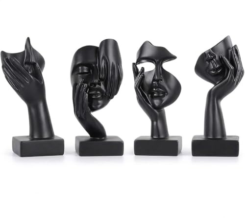UANYEMON Schwarze Abstrakte Figuren Deko 4er Set für Regal, TV Board und Couchtisch, Moderne Gesichts Skulpturen aus Kunstharz für Wohnzimmer, Schreibtisch, Büro, Bücherregal und Schlafzimmer