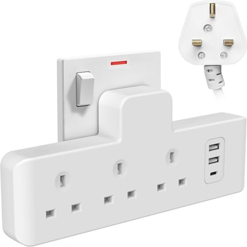 Thorder Plug Extension Socket, Plug Adaptor 3 UK outlets with 2 USB 1 TYPE C, Wall Mountable Socket Power Strip Extender,Protected Multi Plug Adapter Plug Extender UK 13A