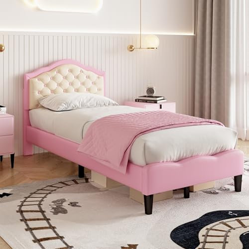 ModernLuxe 3FT Single Bed, Upholstered Bed Frame with Adjustable Chic Button-Tufted Headboard, Solid Wood Slat, Sturdy Youth Bed for Adults & Teenagers, PU Faux Leather, Pink+Beige, 90x190cm