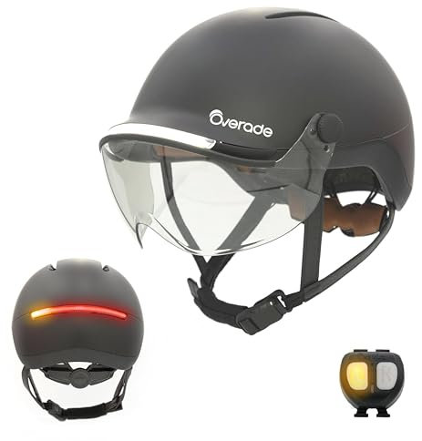 Overade Innovation Française - Casque Life avec Visière, avec Éclairage Puissant Avant/arrière, Télécommande Clignotants Oximote Incluse, Fonction Feu Stop Inclus, Taille Unique.