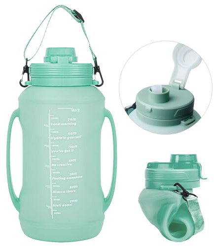 Collapsible Silicone Water Bottles, 2 Litre Foldable Water Bottle, Portable Foldable Water Bottle, Leak-proof Water Bottle with Time Marking and Straw for Hiking, Camping, Climbing (Cyan)