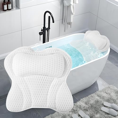Badewannenkissen, Badewannenkissen Nacken, Nackenkissen für Badewanne mit 6 Saugnäpfen, mittels 4D-Air-Mesh-Technologie, stützt Kopf, Nacken, Schultern, Rücken, passend für alle Badewannen (Weiß)
