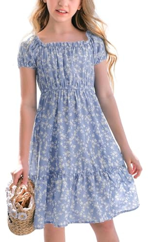 Haloumoning Girls' Dresses Square Neck Floral Dress Dresses Summer Puff Sleeves A-line Midi Dress Kids Party Dress, Blue, 13-14 Years