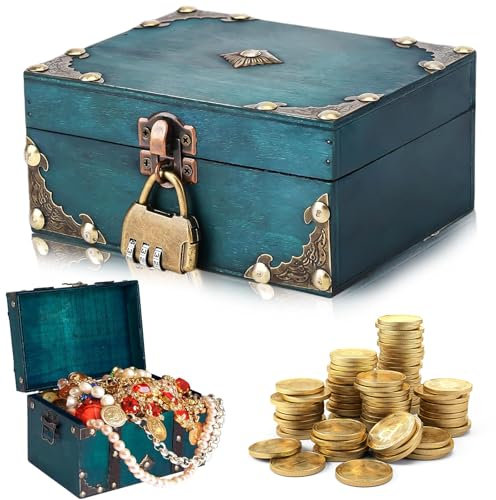 SZSMW Caja Con Candado - Cofre del Tesoro - Cofre Madera - Se Puede Utilizar para Fiestas de CumpleañOs, Fiestas de BúSqueda Del Tesoro Pirata, Decoraciones de Ventanas (15 * 12 * 7.2cm)