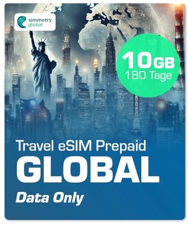 Simmetry Global Daten eSIM, 10GB, 180 Tage, kompatibel mit eSIM-fähigen iOS- und Android-Geräten, Hotspot-Sharing erlaubt, ideal für Lange Reisen oder dauerhafte Nutzung.