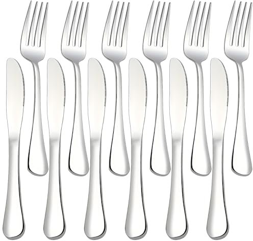 12Pcs Knife and Fork Sets - Cutlery Set for 6 People Small Stainless Steel Steak Flatware Set Knives Set of 6 & Forks Set of 6, Dishwasher Safe & Mirror Polished Silverware Set for Party, Festival