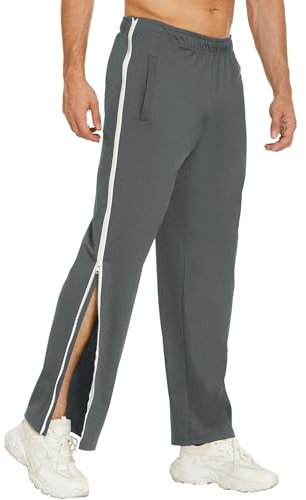 OPPOQ Reha-Hosen für Damen und Herren, Trainingshosen mit durchgehendem Reißverschluss, Jogginghosen, Tear-Off-Hosen, seitliche Öffnung, lockere, lässige Sportbekleidung mit Tasche,Grau,XL