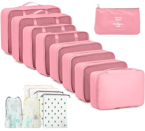 GIBOHOM Koffer Organizer Set 15-teilig, Wasserdicht Packing Cubes, Multifunktionale Travel Packwürfel, Kofferorganizer Packtaschen für Koffer, Reise Organizer Set mit Kleidertaschen,Rosa