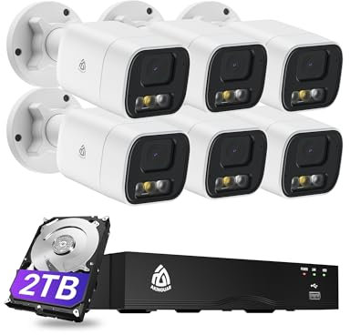 5MP 8CH Home Security Camera System, 6PCS Wired PoE IP Cameras Outdoor with Person/Vehicle Detection, 4K 8CH NVR with 2TB HDD, Spotlight Siren, 24/7 Recording, 2-Way Talk
