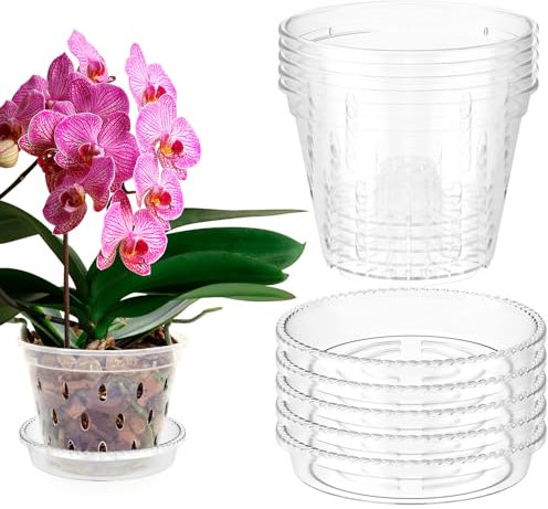 HAIJED 5Pcs Clear Orchid Pot with Drainage Holes, Plastic Slotted Orchid Pots with Saucers, Breathable Flower Plant Pot Nursery Pots for Orchids Repotting Kit (5 inch)