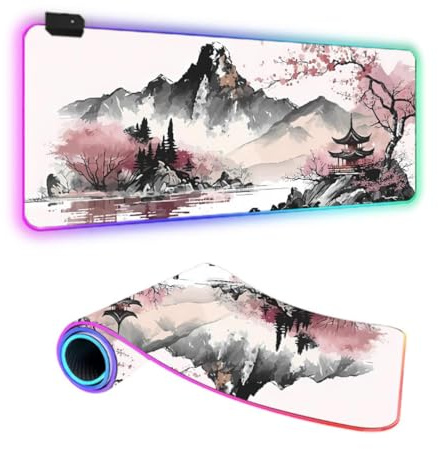 FANSU Japanischer Stil RGB Gaming Mauspad XXL, Groß Multifunktionales Mousepad mit 14 Farben LED-Licht, USB, für Computer PC Laptop Tastatur Professionelle Gamer (Tuschemalerei,900x400x4mm)