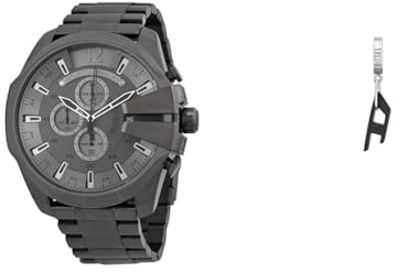 Diesel Herren Mega Chief Graue Edelstahl Uhr und Schwarze Ohrringe, Set