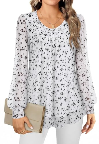 Gemulate Ladies Tops Chiffon Tops for Women UK Long Sleeve Tunic Top for Women UK Flowy Evening top Crew Neck Chiffon Tunic Double Layers Mesh T Shirts Blouses Spotted White M