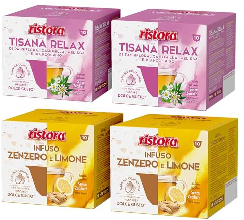 Set 80 Capsule Ristora Compatibili con le Macchine ad uso domestico Nescafè®* Dolce Gusto®* 40 Tisana relax 40 Infuso Zenzero e Limone