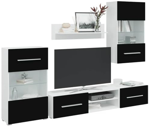 HaoChrymec Fünfteilige Wohnwand TV-Schrank aus Holzwerkstoff, mit LED-Beleuchtung, Fernsehregal, TV Schrank Schwarz, für Wohnzimmer, 240 x 40 x 195 cm