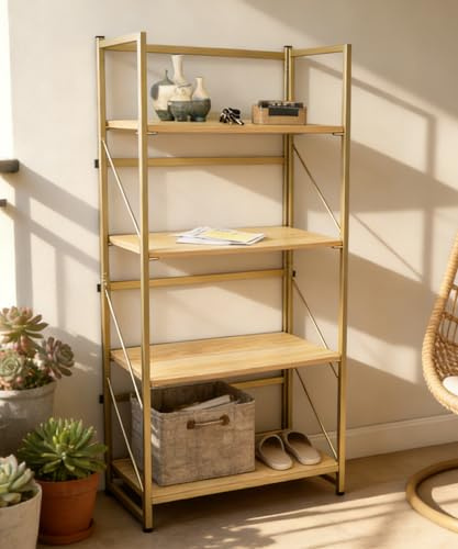 BIASUNS Folding Bookshelf,Multifunctional Foldable Plant Stand Storage Rack Shelves for Home Office, Easy Assembly, 4-Tier,Gold & Nature Wood