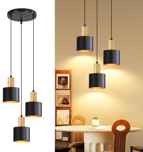 Lichtmaler Pendelleuchte 3 Flammig Hängelampe Esstisch Vintage Küchenlampe | Hängend E27 Esszimmerlampe Schwarz Holzfarbe Hängeleuchte Rund Kücheninsel Essbereich Ohne Leuchtmittel