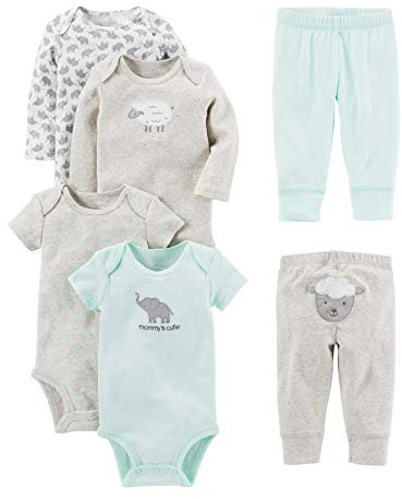 Simple Joys by Carter's Unisex Baby 6-teiliges Set, Bodys (Kurz- und Langarm) und Hosen, Grau/Minzgrün/Elefant/Lamm, 0-3 Monate