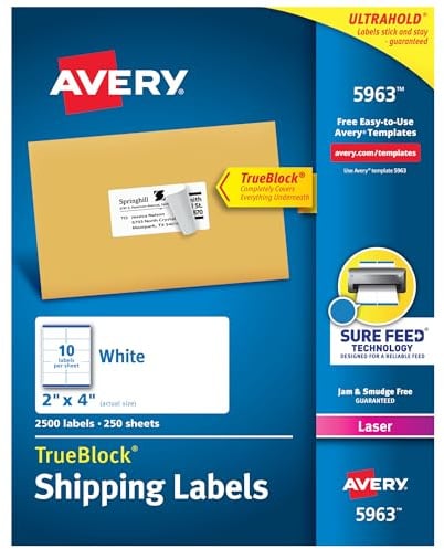 Avery Bedruckbare Versandetiketten mit Sicherheitszufuhr, 5,1 x 10,2 cm, anpassbare Aufkleber, weiß, 2.500 leere Versand-Etiketten, ideal für Versand, Versand und mehr (5963)
