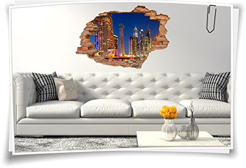3D Wanddurchbruch Wandbild Wandaufkleber Sticker Dubai Skyline City Night, 150x100cm