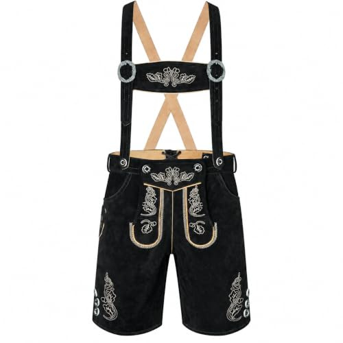 Trachten Herren Lederhose Kurz mit Träger Gr.46-60 Trachtenlederhose - (Kurz 50, Schwarz)