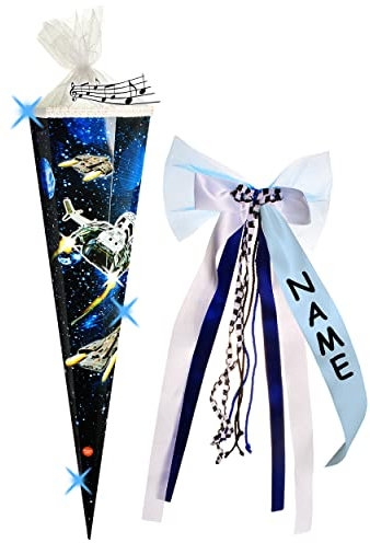 alles-meine.de GmbH mit LED Licht & Sound Effekt Modul ! Schultüte - Raumschiff - Weltraum & Weltall - 85 cm - eckig - incl. individueller großer 3-D Effekt Schleife ..