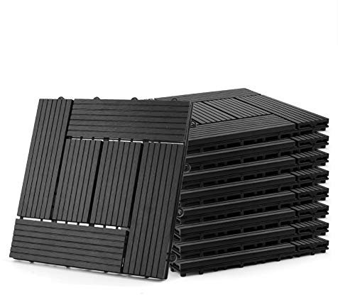 S SIENOC Terrassenfliese WPC Fliesen Bodenfliese WPC Tiles Holz Klick-Fliesen für Garten Balkon mit Drainage?30 * 30cm Mosaik Schwarz)