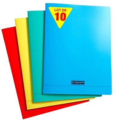 Calligraphe 18080C Lot de 10 Cahiers Agrafés (une Marque de Clairefontaine) - A4 21x29,7 cm - 48 Pages Petits Carreaux - Papier Blanc 90 g - Couverture Polypro Transparent - Couleurs Aléatoires