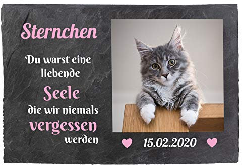 wandmotiv24 Gedenktafel Tiere Schiefer, 30x20cm, Wetterfest, Personalisiert mit Ihrem Haustier-Foto in Farbe, Name, Datum & Trauerspruch, Grabschmuck, Grabstein Hund Katze, Trauer, Gedenkstein M0259