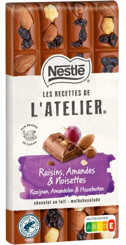 Nestlé Les Recettes de L'Atelier - Tablette chocolat Lait Raisins, Amandes et Noisettes - 170g