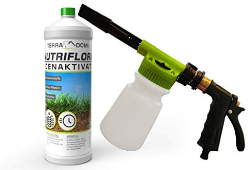 TerraDomi Nutriflora 1 Liter Bodenaktivator Konzentrat für 330m² + innovativem Sprühsystem I NP - Dünger auf Basis von Seealgenextrakt I 20% mehr Wachstum und Ertrag I natürliche Basis