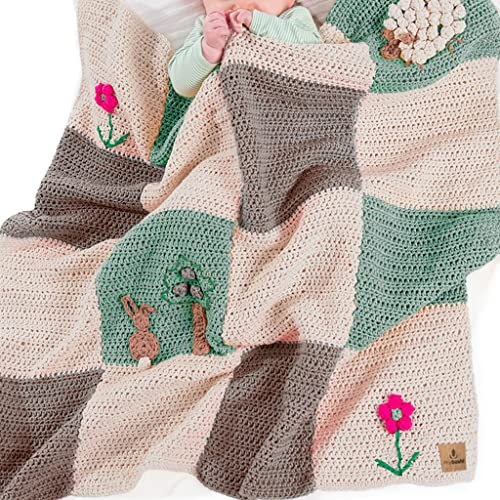 myboshi Häkelset Babydecke Sunagawa, inkl. No.2 Wolle, Nadel und Anleitung, für Babys und Amigurumi, Häkelpaket für Anfänger, 85% Baumwolle, 15% Kapok Braun, mit Häkelnadel