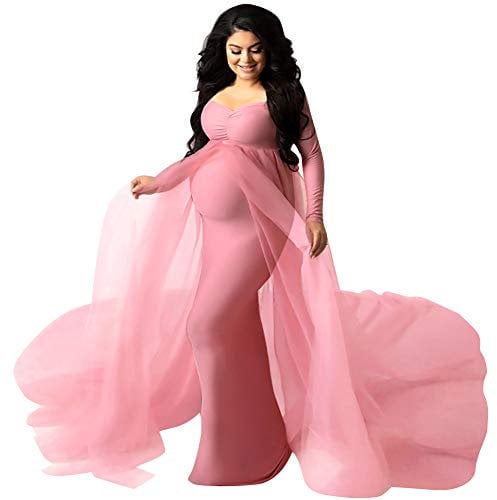 IBAKOM Maternité Robe Grossesse Shooting Photo Hors épaule Manches Longues col en V bébé Douche Maxi Robes Photoshoot Soirée Mariage Accessoire Photo Rose XXL