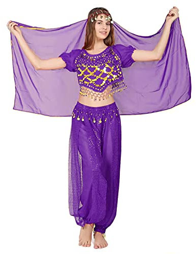 Carnavalife 3Pcs Mujeres Danza del Vientre, Ropa India Lentejuelas para Disfraz de Princesa, Conjunto de Bailando Top Pantalones de Linterna y Cadena de la Cabeza Barbijo (Morado)