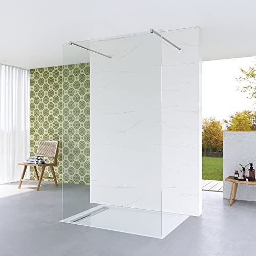 AQUABATOS 87x200cm Walk in Duschwand Glas freistehend begehbare Dusche ebenerdige Duschabtrennung Glastrennwand Duschtrennwand für Duschwanne | Klarglas 8 mm mit NANO | 90° Stabilisationsbügel chrom